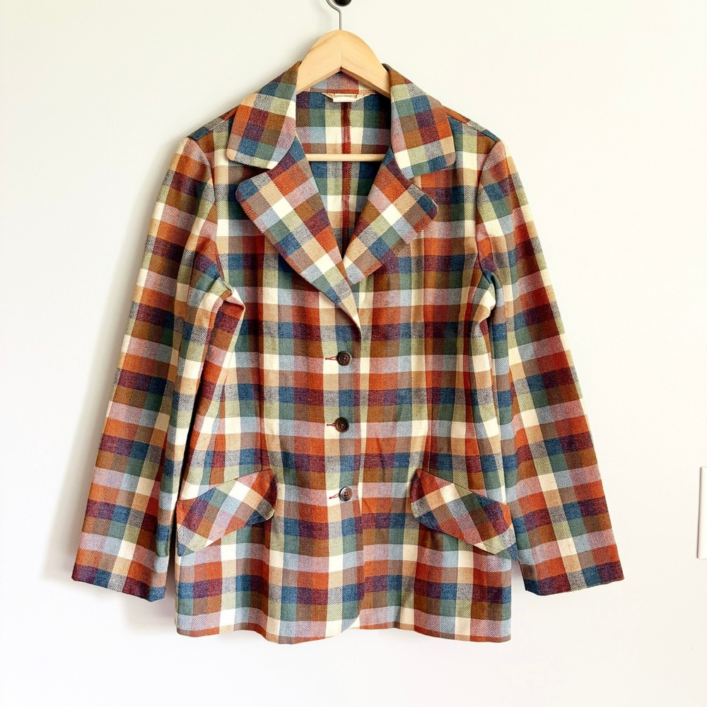 VTG Sears Womens Plaid Blazer Jacket Size 14 Multi Color 70s Retro Academic